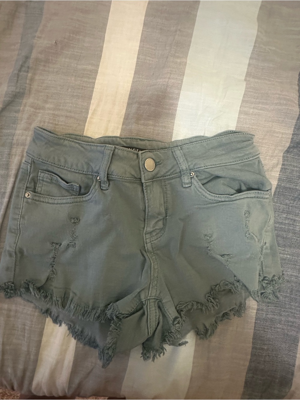 Angel Kiss Olive Green Distressed Frayed Hem Jean Shorts